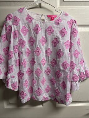 Lilly Pulitzer * White Blouse with Pink Floral Embroidery